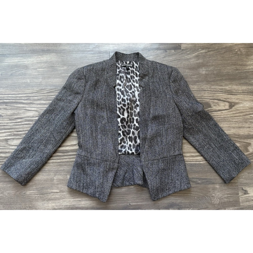 Express Women's 0‎ Black Gray Jacket Blazer Leopard Print Lining Textured Collar